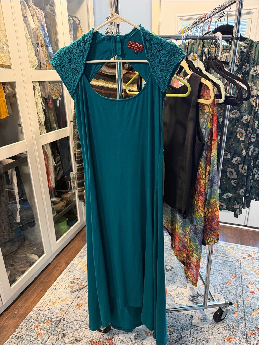 Teal Crochet-Sleeve Maxi Dress NWOT